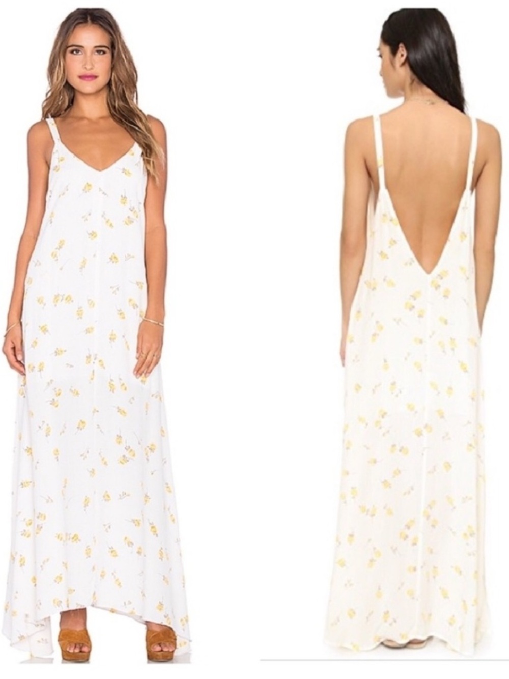 Flynn Skye White Maxi Slip Dress with Yellow Floral Print Small